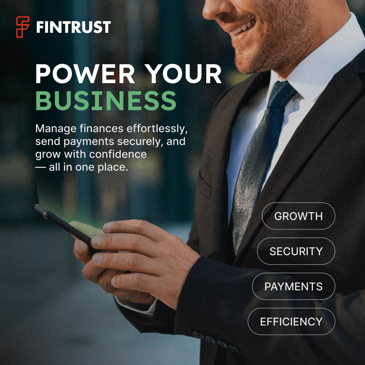 FinTrustAG's tweet photo. Boost your business with Fintrust Business Account!

🚀 Manage finances, send secure payments &amp; grow with confidence—all in one place.

#PowerYourBusiness #Fintrust #BusinessFinance #SecurePayments https://t.co/4nnz4xaIXa