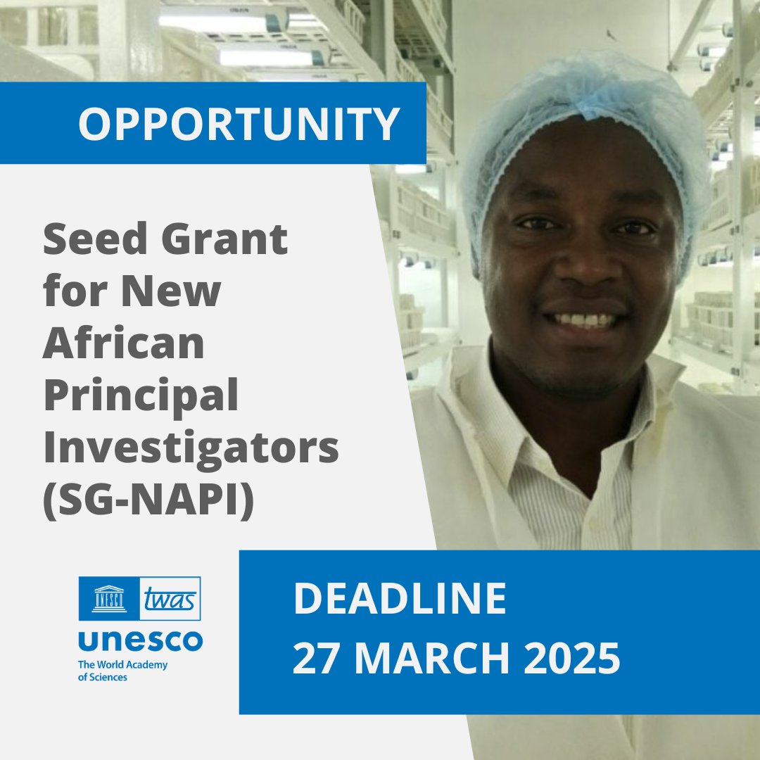 TWAS - The World Academy of Sciences (@twasnews) on Twitter photo Our Seed Grants for New African Principal Investigators have returned and are seeking applications!
These grants, backed by <a href="/BMBF_Bund/">Bildungsmisererepublik Deutschland - BRDigung</a>, are awarded to promising high-level research projects in S&T-lagging African countries. Learn more: twas.org/opportunity/se… Our Seed Grants for New African Principal Investigators have returned and are seeking applications!
These grants, backed by <a href="/BMBF_Bund/">Bildungsmisererepublik Deutschland - BRDigung</a>, are awarded to promising high-level research projects in S&T-lagging African countries. Learn more: twas.org/opportunity/se…
