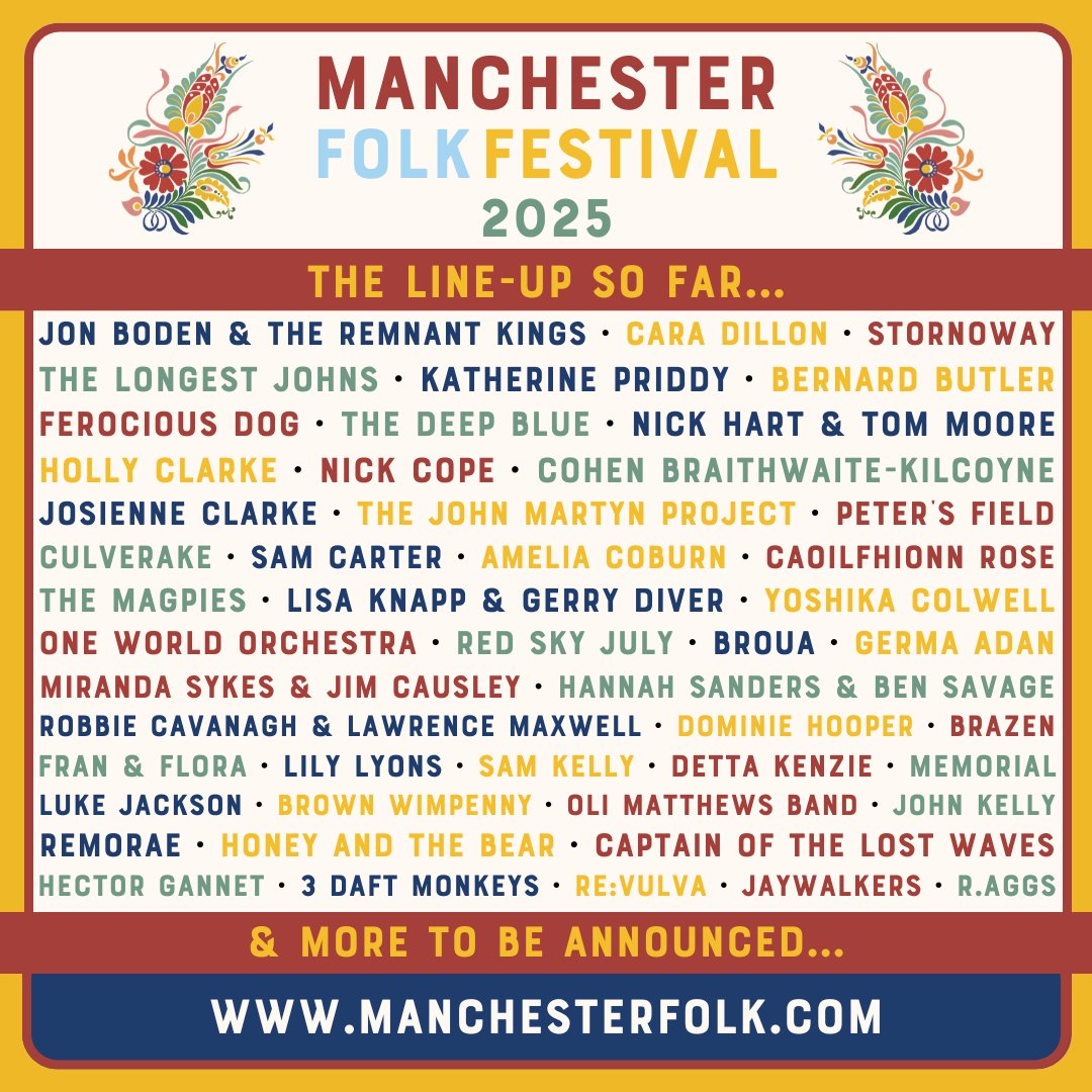 Manchester Folk (@mcrfolkfest) on Twitter photo Who's ready for some more Manchester Folk Festival 2025 artist additions?
<a href="/HannahBenMusic/">Hannah Sanders & Ben Savage</a> | <a href="/FranandFlora/">Fran&Flora</a> | <a href="/lilylyonsmusic/">Lily Lyons</a> | Brown Wimpenny | One World Orchestra | BROUA | Detta Kenzie | Brazen | Remorae | R.AGGS & more🌿
Book for the 20 - 22 Mar via the link in the comments👇 Who's ready for some more Manchester Folk Festival 2025 artist additions?
<a href="/HannahBenMusic/">Hannah Sanders & Ben Savage</a> | <a href="/FranandFlora/">Fran&Flora</a> | <a href="/lilylyonsmusic/">Lily Lyons</a> | Brown Wimpenny | One World Orchestra | BROUA | Detta Kenzie | Brazen | Remorae | R.AGGS & more🌿
Book for the 20 - 22 Mar via the link in the comments👇