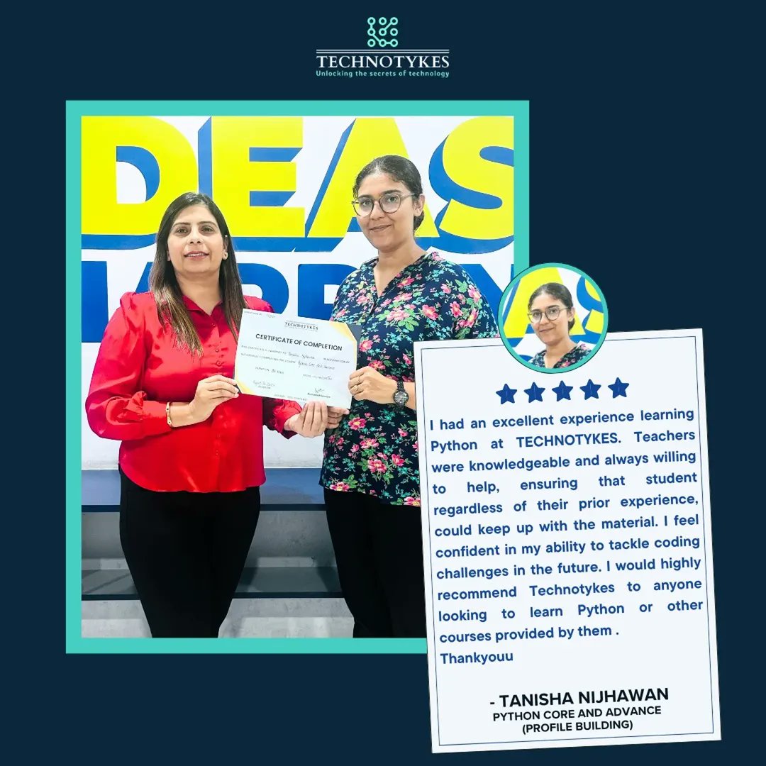 techno_tykes's tweet image. Future-Ready with Python! 🐍✨
Tanisha Nijhawan mastered Python Core & Advanced at TechnoTykes before college, ready for any coding challenge! 🚀💡
📍 SCF 44, E-Block, SBS Nagar, Ludhiana
📞 9779061113 | 9878891226
#PythonCore #TechEducation #Ludhiana