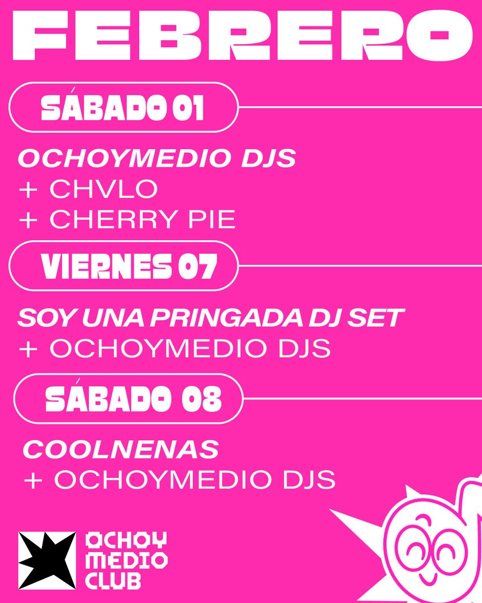ochoymedioclub's tweet photo. Estabais esperándola, lo sabemos 🙂‍↕️💖 Aquí la agenda de febrero!! San Valentín, Carnaval, concierto en horario de club… Febrero llega cargadito! 💥✨

Entradas anticipadas ya a la venta para todas las noches: https://t.co/o1HG3q98tv

🪩✨ NOS VEMOS EN LA PISTA ✨🪩 https://t.co/xj1jbuRJ52
