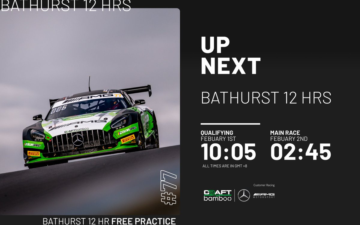 Day 1 on track ✅

We rotated through the drivers and completed all scheduled tasks, getting valuable track mileage, and got accustomed to the challenging terrain and corners at Mount Panorama - ready for tomorrow's final practice sessions and qualifying!💪

#Bathurst12Hour