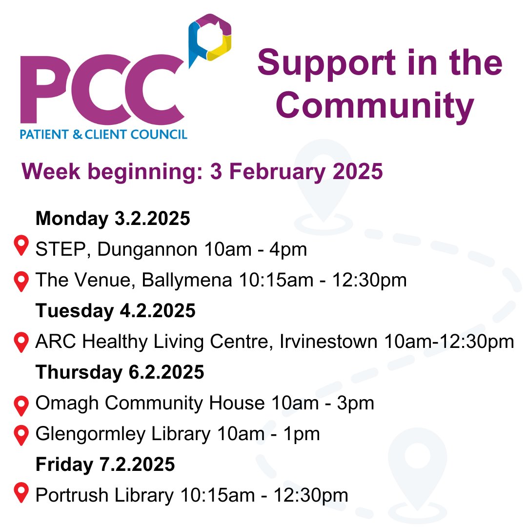 PatientClient's tweet photo. There are lots of opportunities to meet #TeamPCC next week as our practitioners provide #PCCSupport in the Community⬇️
ℹ️https://t.co/2l0Ju2gk1Z
📞Prefer to contact us by telephone? No problem! Call us on freephone 0800 917 0222
📧info@pcc-ni.net
🖱️ https://t.co/GMM3GLKKE9 https://t.co/KAO0s1KafD