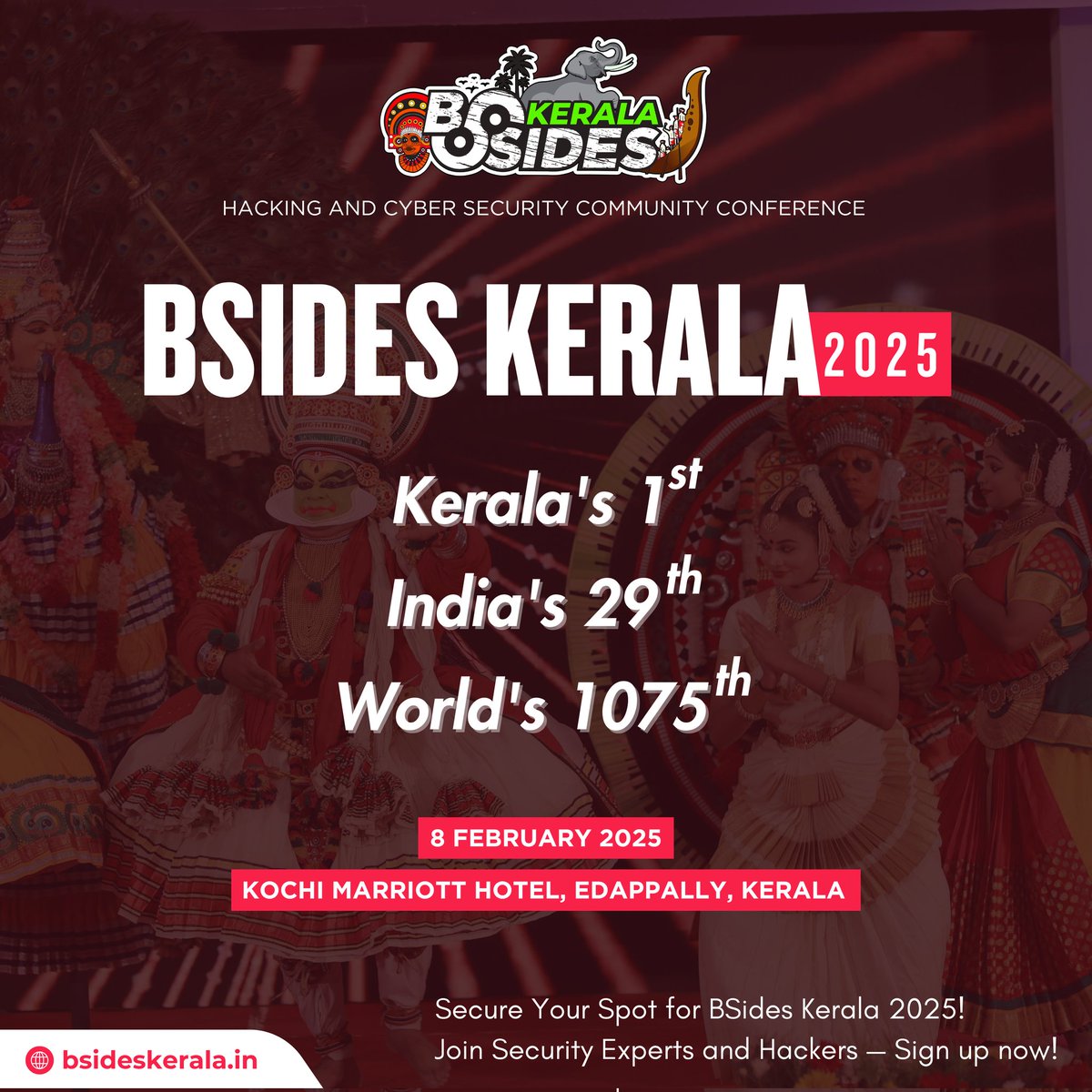 Get ready, Kerala!!!
Kerala’s 1st,
India’s 29th, &amp;
World’s 1075th Security BSides Conference is here! 

🗓 8-9 Feb 2025
📍Marriott Kochi Hotel, Edappally,Kerala
Map:lnkd.in/gJZKNfeX
Register Now: bsideskerala.in

#BSidesKerala2025 #SecurityBSides #CyberSecurity