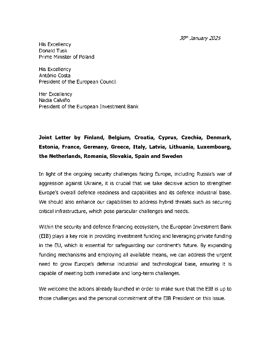 SwedeninEU's tweet photo. Joint letter by 19 EU Member States calling on the EIB to increase its financing for the European defence industry

🇸🇪🇫🇮🇧🇪🇭🇷🇨🇾🇨🇿🇩🇰🇪🇪🇫🇷🇩🇪🇬🇷🇮🇹🇱🇻🇱🇹🇱🇺🇳🇱🇷🇴🇸🇰🇪🇸 https://t.co/J2i2nsw5D6