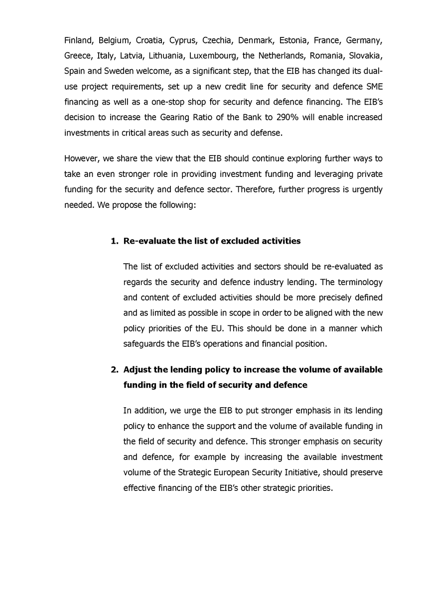 SwedeninEU's tweet photo. Joint letter by 19 EU Member States calling on the EIB to increase its financing for the European defence industry

🇸🇪🇫🇮🇧🇪🇭🇷🇨🇾🇨🇿🇩🇰🇪🇪🇫🇷🇩🇪🇬🇷🇮🇹🇱🇻🇱🇹🇱🇺🇳🇱🇷🇴🇸🇰🇪🇸 https://t.co/J2i2nsw5D6