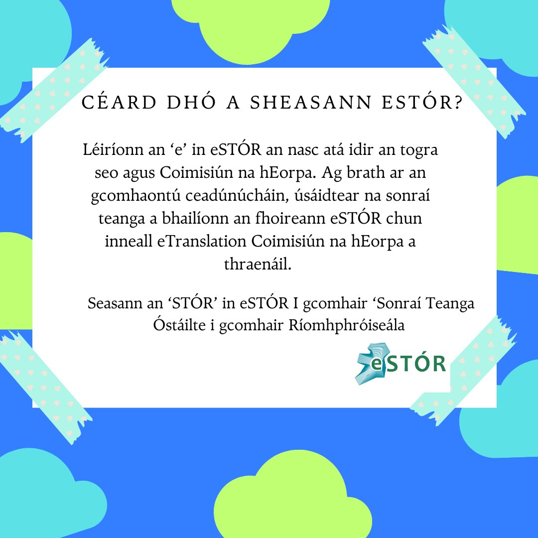 eStor_Eireann's tweet image. What does eSTÓR stand for? 🤔
Céard dhó a sheasann eSTÓR? 🤔
estor.ie ⠀⠀ ⠀⠀ ⠀⠀ ⠀⠀ ⠀⠀ ⠀⠀
#gaeilge #languagetechnology #languagedata #dataprocessing