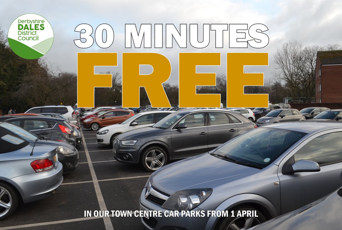 GREAT NEWS! New measure allowing vehicles to park for up to 30 minutes *FREE* in our town centre car parks comes into effect from 1 April.

Comes on top of free parking with residents' permit in all of our car parks before 11am &amp; after 3pm every day ⏬

derbyshiredales.gov.uk/your-council/n…