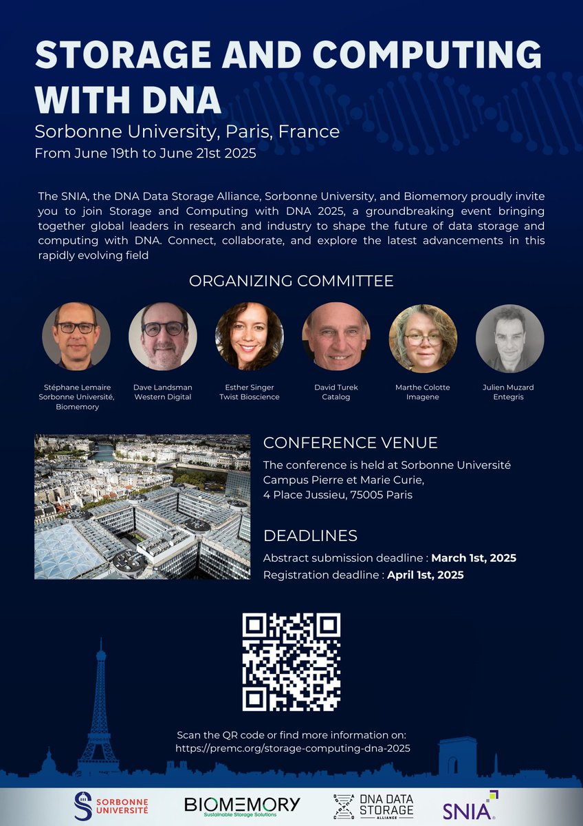 Paris Biofoundry (@parisbiofoundry) on Twitter photo 🔍 Explore the future of data storage at "Storage and Computing with DNA 2025" from June 19-21, 2025, in Paris.
More info:
premc.org/storage-comput…
#DNADatastorage #Innovation #Conference2025 <a href="/SNIA/">SNIA</a> <a href="/DnaDataStorage/">DNA Data Storage Alliance</a> <a href="/BiomemoryLabs/">Biomemory</a> <a href="/Sorbonne_Univ_/">Sorbonne Université</a> <a href="/SLemaire75/">Stéphane Lemaire</a> <a href="/PierreCrozet/">Pierre Crozet</a> 🔍 Explore the future of data storage at "Storage and Computing with DNA 2025" from June 19-21, 2025, in Paris.
More info:
premc.org/storage-comput…
#DNADatastorage #Innovation #Conference2025 <a href="/SNIA/">SNIA</a> <a href="/DnaDataStorage/">DNA Data Storage Alliance</a> <a href="/BiomemoryLabs/">Biomemory</a> <a href="/Sorbonne_Univ_/">Sorbonne Université</a> <a href="/SLemaire75/">Stéphane Lemaire</a> <a href="/PierreCrozet/">Pierre Crozet</a>