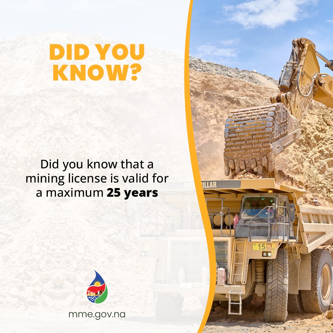 MIMEnamibia's tweet image. A mining licence in Namibia has a maximum validity of 25 years.

#MininginNamibia #MiningLicenses #NaturalResources #MME #MinistryOfMinesAndEnergy
