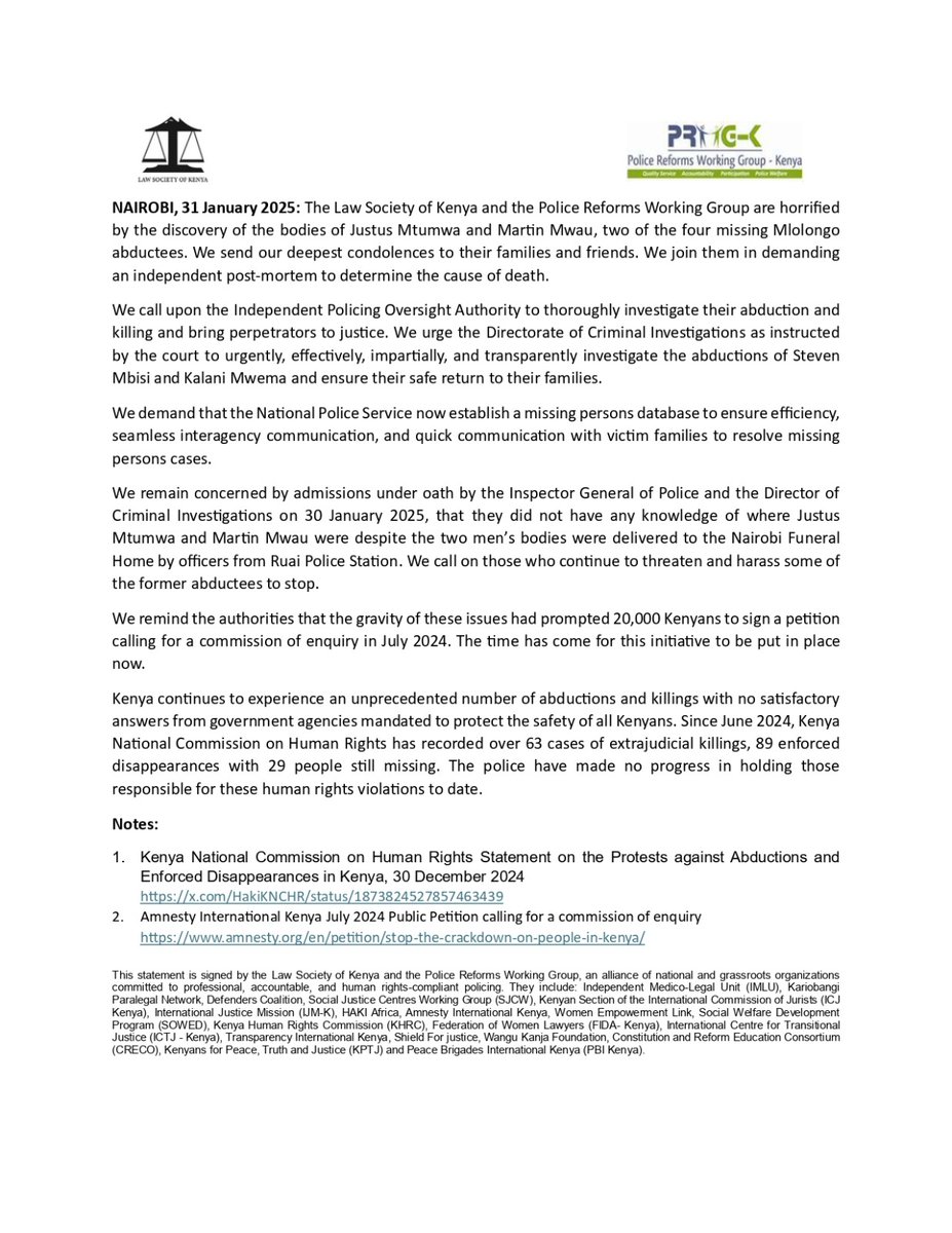 AmnestyKenya's tweet image. 63 killed. 89 disappeared. 29 still missing. Kenya is facing an alarming wave of abductions and extrajudicial killings, yet those responsible remain free. We demand urgent action, accountability, and justice for the victims. Read full statement: amnestykenya.org/statement-on-t…