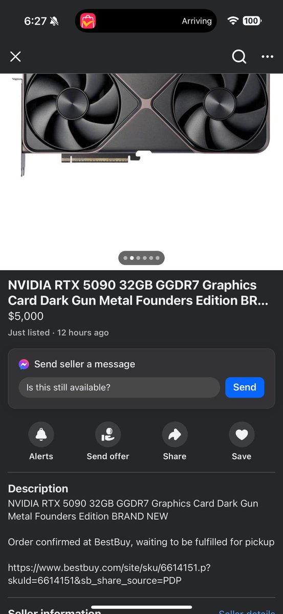 Jhamms17's tweet photo. @BestBuy please come up with a better system for selling your GPU’s, I was in an online que 3 times to buy this for $1999. Now look what scalpers are doing that bought them up. This man has posted on Facebook for $5000. https://t.co/5YPRfVQaxG