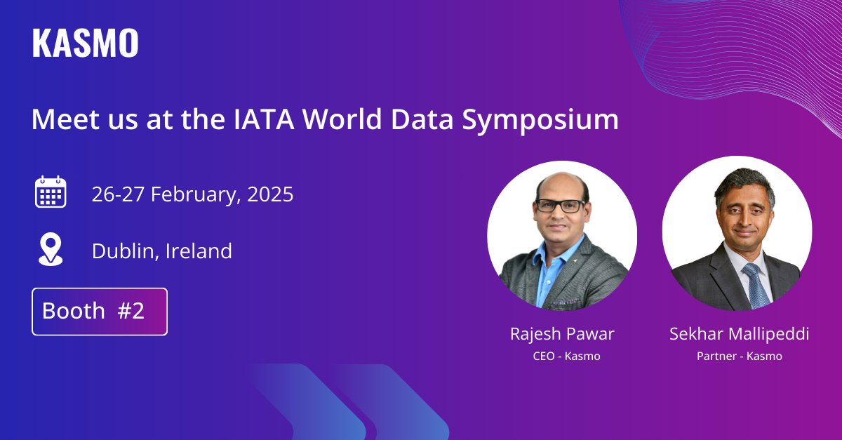 Kasmodigital's tweet image. Kasmo will be in Dublin for the @IATA World Data Symposium (Feb 26-27)!  

Our CEO @pawarrajesh  and Partner - Sekhar Mallipeddi will be at Booth #2 discussing our data and AI solutions.

Come meet them and see the future of aviation data unfold!  

#IATAWDS #Aviation #Kasmo