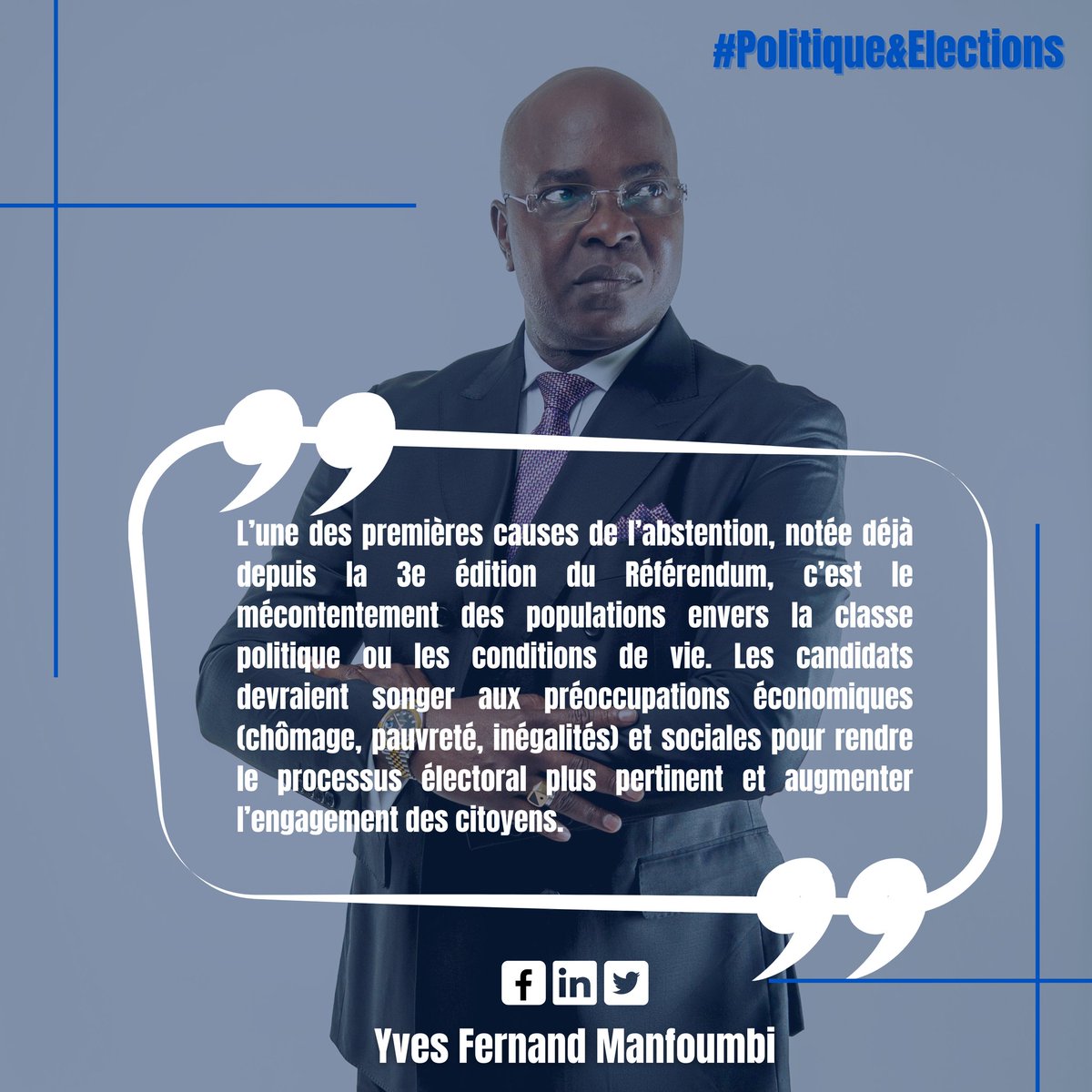 [ POLITIQUE ET ÉLECTIONS  ]

L'une des premières causes de l'abstention c'est le MÉCONTENTEMENT DES POPULATIONS. 

Comment emmener une nation au vote sans prise en compte de leur problématique réelle ?

#mwanedimbu #Manf10
#Elections2025