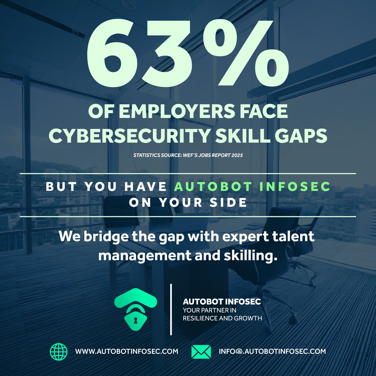 AutobotInfosec's tweet image. 🚨 Cybersecurity Talent Gap Alert! 🚨
WEF Jobs Report 2025 claims 63% of employers face skill gaps.
Autobot Infosec bridges the gap with expert Cyber Talent Management. 💡
Visit:👉 autobotinfosec.com
#Cybersecurity #TalentManagement #AutobotInfosec