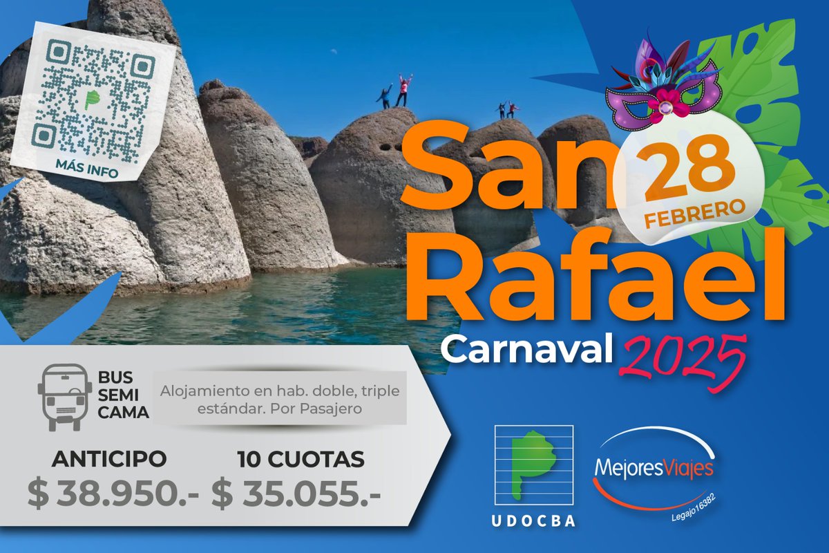 udocbacentral's tweet photo. 🎭🚌 ¡Carnaval para afiliadas y afiliados! Viajá en bus y disfrutá un finde XXL en los mejores destinos:

📍 San Rafael 🏞️
📍 Huerta Grande 🌄✨
📍 Chajarí – Termas y casino 🎰♨️

📆 ¡No te lo pierdas!

📌 Para más información, scaneá el QR. ✅ https://t.co/0vbvAkEZiK