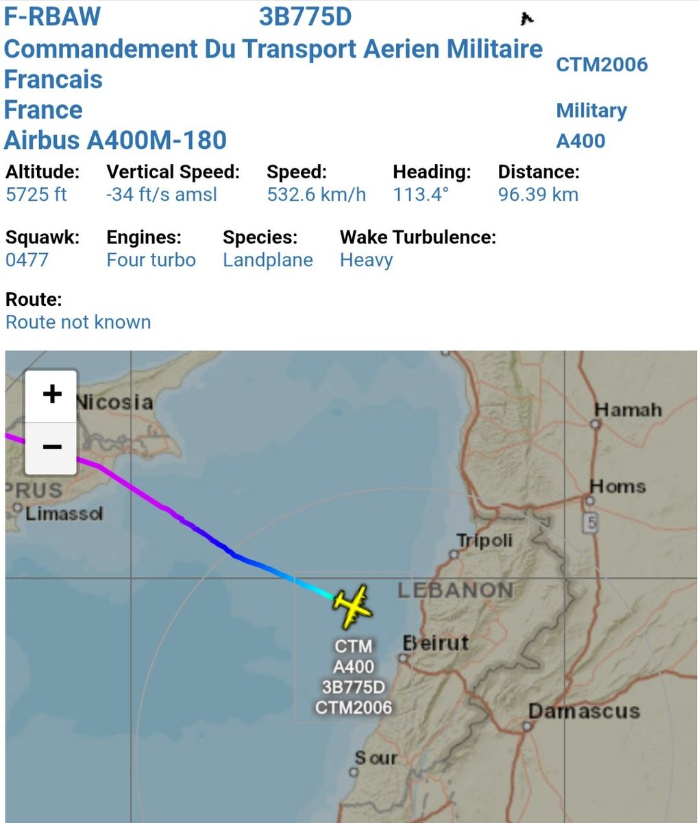 LebanonJets's tweet photo. Video+ATC Military: #France AirForce Commandement Du Transport Aerien Militaire aka COTAM A400 #FRBAW hex #3B775D as #CTM2006 arrived into #Beirut from #Orleans #Bricy invisible on commercial tracking https://t.co/hcUShZUcMQ