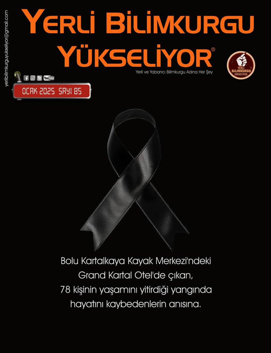 Bolu Kartalkaya Grand Kartal Otel'de çıkan, 78 kişinin yaşamını yitirdiği yangının izleri hâlâ sıcakken dergiyi çıkarıp mutlu olmak olmazdı. 
Bu ay hayatını kaybedenlerin anısına yalnızca kapağı hazırlamak istedik
Hayatını kaybedenlerin yakınlarına başsağlığı diliyoruz
YBKY Ekibi