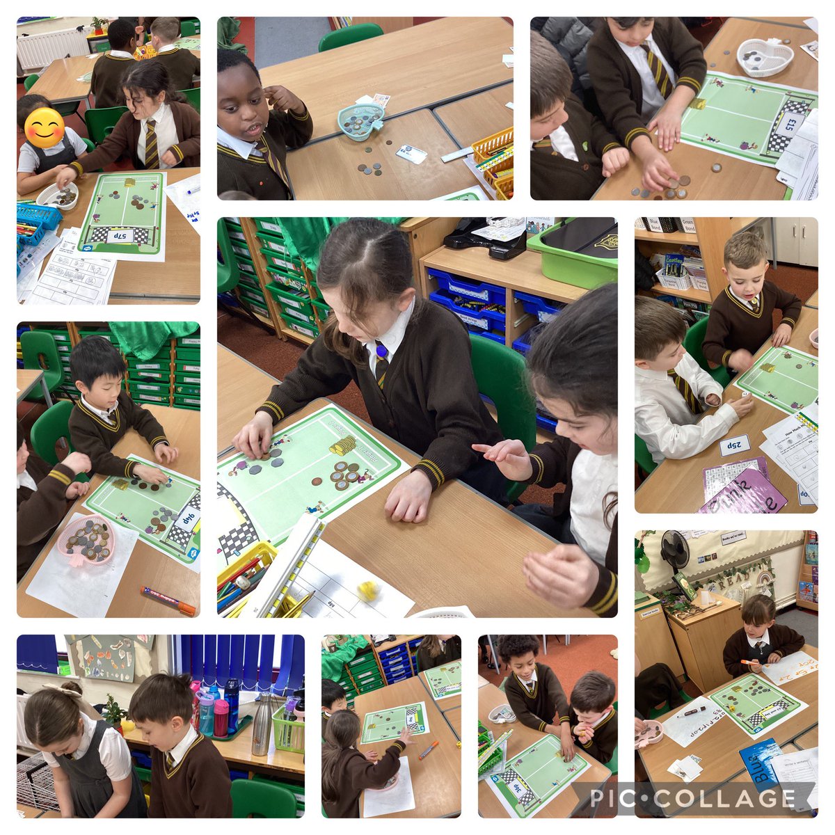 Playing a board game to race to an amount! We have to count the money carefully and make amounts if we don’t have the right coins. 💷