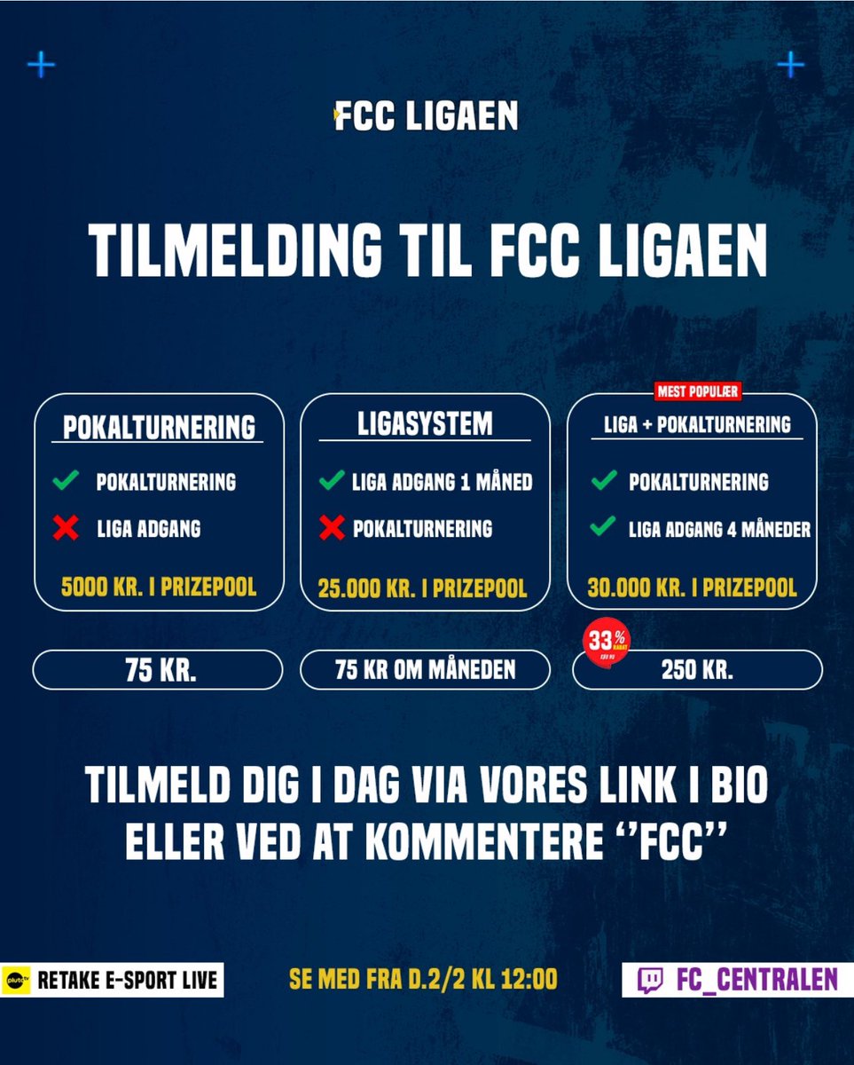 Ved at være sidste chance for at deltage i 1 sæson af FCC Ligaen🚨

Tilmeldingen lukker kl 12:00 i morgen❌

Spar 33% ved at tilmelde dig til alle 4 måneder💰

Tilmeld dig her, og bevis hvor god du er👇🏼👇🏼👇🏼
buy.stripe.com/28o3cU0lr2TG8m…