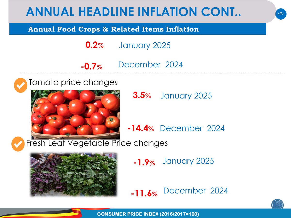 Mramooti0's tweet photo. #InflationJan25
#NRMRegisterUpdate24
#FinalCencusReport
Tomato prices recorded an increase to 3.5% in January 2025 from -14.4% recorded in December 2024. Irish potatoes inflation increased to 17.4% in January compared to 11.7% of December. Avocado inflation increased to 11.2% from -5.2% registered in December 2024.