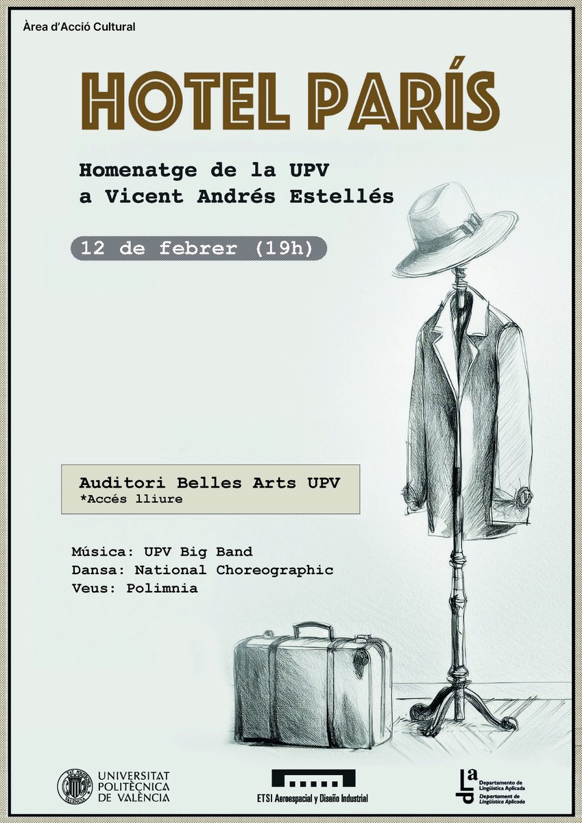 spnlbondia's tweet photo. L’SPNL informa: El 12 de febrer, a les 19 h, l’Auditori de @BBAA_UPV de la @UPV: ‘Hotel París. Homenatge de la UPV a Vicent Andrés Estellés’

Comptarà amb la música de la UPV Big band, la dansa de National Choreographic i les veus de Polimnia.

L’entrada és lliure. https://t.co/9jaISnMeRJ