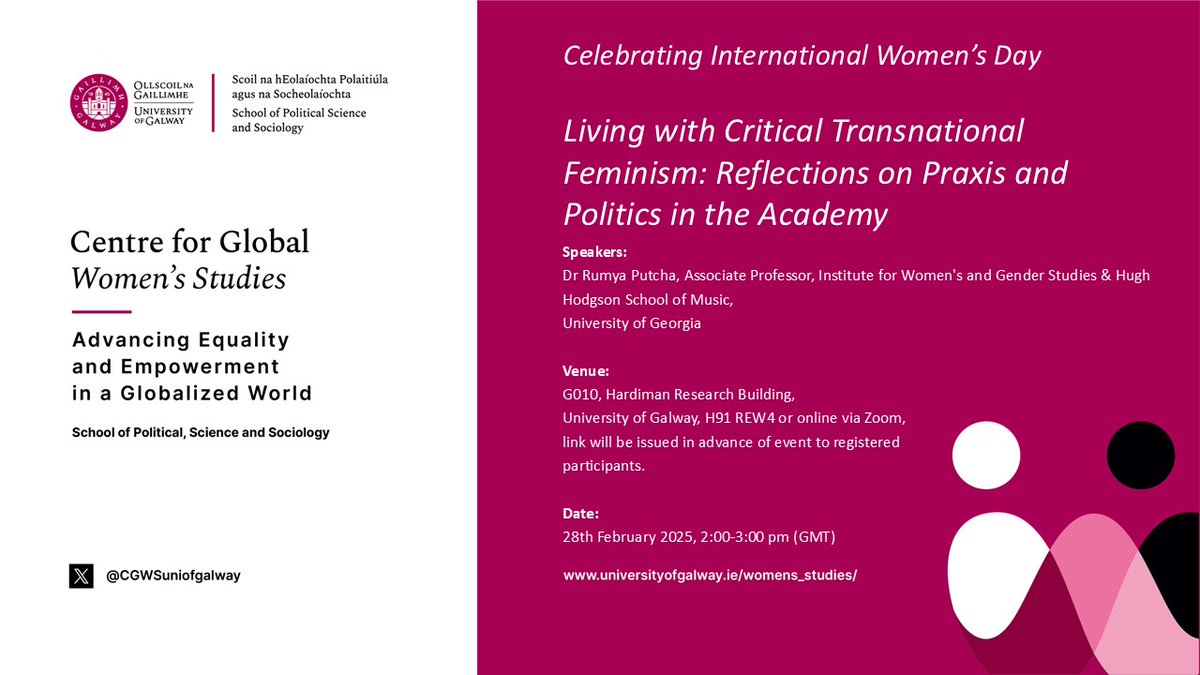 Centre for Global Women's Studies, UniofGalway (@cgwsuniofgalway) on Twitter photo To mark #InternationalWomensDay <a href="/CGWSuniofgalway/">Centre for Global Women's Studies, UniofGalway</a>, <a href="/uniofgalway/">Ollscoil na Gaillimhe | University of Galway</a> seminar #IWD2025
🗓️ Date: February 28th, 2025
🕑 Time: 2pm – 3pm (GMT)
📌 Register: forms.office.com/e/dTL84Zb6Rf
<a href="/GalwaySocAndPol/">Politics&Sociology</a>, <a href="/edi_uniofgalway/">University of Galway EDI</a>, <a href="/galwayCASSCS/">University of Galway CASSCS</a>, <a href="/NWCI/">Womenscouncilireland</a>, <a href="/IrishCentreHR/">Irish Centre for Human Rights</a> To mark #InternationalWomensDay <a href="/CGWSuniofgalway/">Centre for Global Women's Studies, UniofGalway</a>, <a href="/uniofgalway/">Ollscoil na Gaillimhe | University of Galway</a> seminar #IWD2025
🗓️ Date: February 28th, 2025
🕑 Time: 2pm – 3pm (GMT)
📌 Register: forms.office.com/e/dTL84Zb6Rf
<a href="/GalwaySocAndPol/">Politics&Sociology</a>, <a href="/edi_uniofgalway/">University of Galway EDI</a>, <a href="/galwayCASSCS/">University of Galway CASSCS</a>, <a href="/NWCI/">Womenscouncilireland</a>, <a href="/IrishCentreHR/">Irish Centre for Human Rights</a>