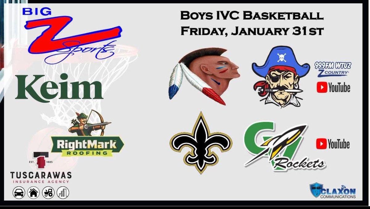 WTUZ BIG Z Sports (@big_zsports) on Twitter photo Tonight, its double coverage of Boys <a href="/inter_valley/">InterValleyConference</a> 🏀. <a href="/IVBravesHoops/">Indian Valley Boys Basketball</a> travel to Sugarcreek to take on <a href="/GarawayAthletic/">Garaway Athletics</a> with coverage starting at 6pm on 99.9FM. 
📺- youtube.com/live/Wt_GBM-_K…
<a href="/CVRockets/">CV Athletics</a> host the <a href="/TccSaints/">TCC Saints Athletics</a> coverage beginning around 6:45.
📺- youtube.com/live/I2Mkxg_ii… Tonight, its double coverage of Boys <a href="/inter_valley/">InterValleyConference</a> 🏀. <a href="/IVBravesHoops/">Indian Valley Boys Basketball</a> travel to Sugarcreek to take on <a href="/GarawayAthletic/">Garaway Athletics</a> with coverage starting at 6pm on 99.9FM. 
📺- youtube.com/live/Wt_GBM-_K…
<a href="/CVRockets/">CV Athletics</a> host the <a href="/TccSaints/">TCC Saints Athletics</a> coverage beginning around 6:45.
📺- youtube.com/live/I2Mkxg_ii…