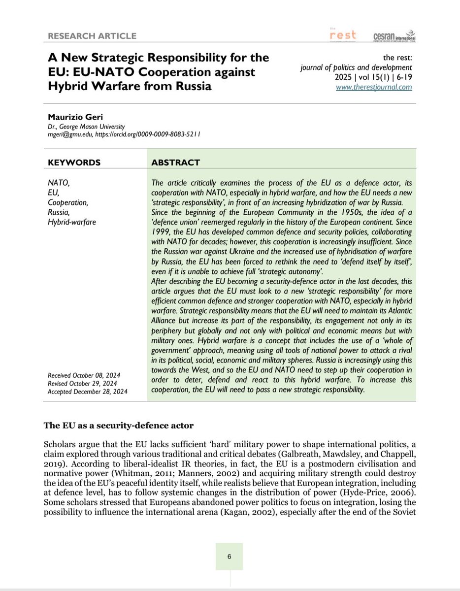 My latest for The Rest, <a href="/cesran/">CESRAN International</a> journal: "A New #Strategic #Responsibility for the EU: #EU-#NATO #Cooperation against #Hybrid #Warfare from #Russia"

Even if NATO now uses 'Destabilization Campaign' instead of Hybrid Warfare EU and NATO need a new strategy therestjournal.com/2025/01/30/the…