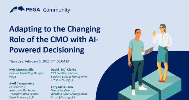 RobinCollyer's tweet photo. Timely! The role of the Chief Marketing Officer is undergoing a significant transformation. This webinar delves into the critical insights from EY and explores how AI-driven tools, like Pega's Customer Decision Hub, are reshaping marketing strategies. https://t.co/kauxbv8rkk https://t.co/p5lbldxw7C