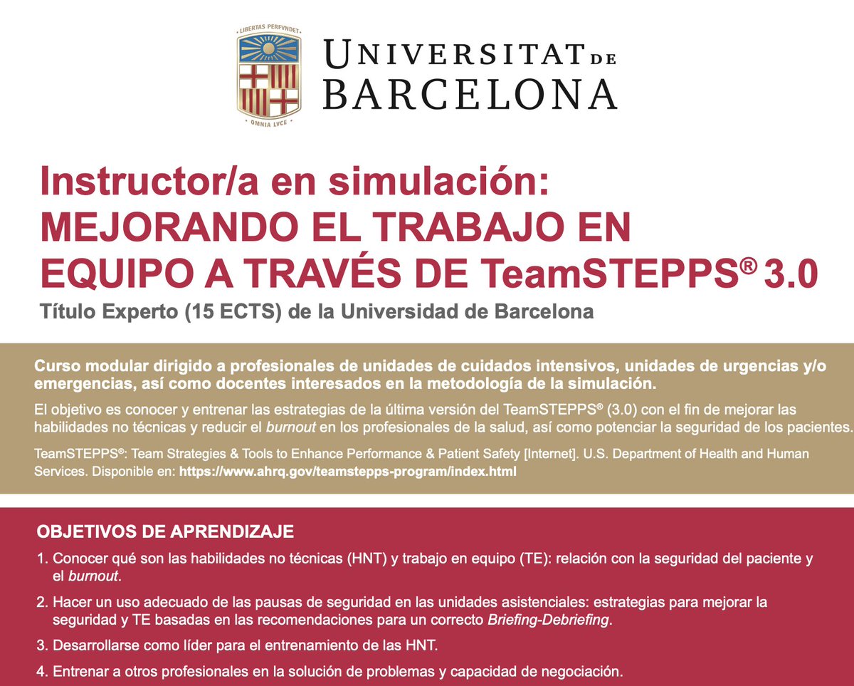 ‼️Ya puedes inscribirte en el Experto en Instructor en Simulación: Mejora del Trabajo en Equipo con TeamStepps 3.0.
Consta de un módulo virtual y/o un módulo semipresencial en la sede del congreso #SEEIUC2025 este año en Valencia el día 15 Junio 2025

web.ub.edu/es/web/estudis…