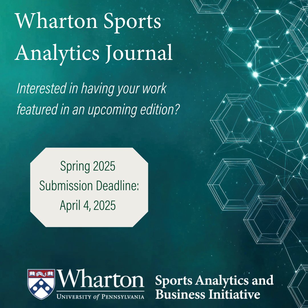 WhartonSABI's tweet image. Call for Submissions!  

The Wharton Sports Analytics Journal is seeking research from high school, undergraduate, &amp;amp; graduate students for our Spring ‘25 issue. 

Share your insights on sports data, #AI &amp;amp; #analytics!

📅 Deadline: April 4, 2025

whr.tn/sports-analyti…