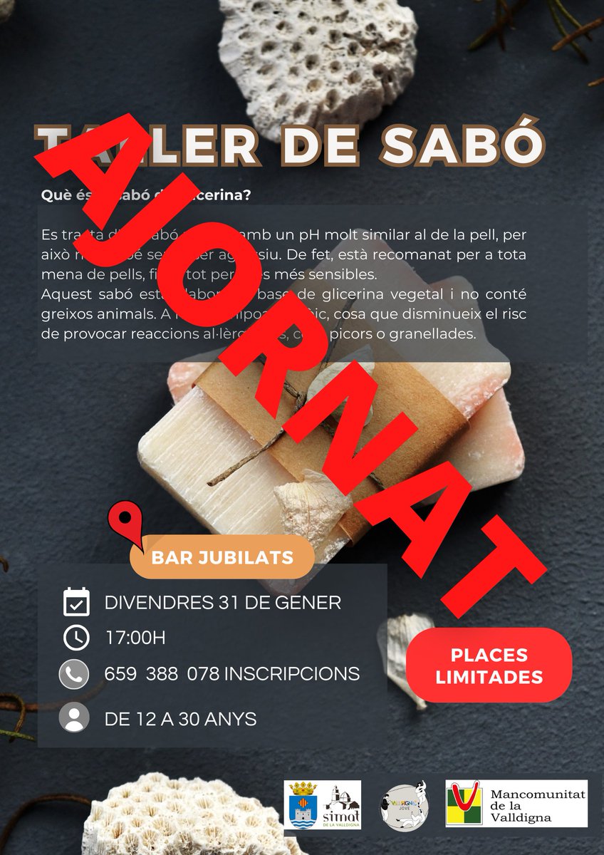 🔔 ATENCIÓ 🔔
Vos informem que el taller previst per a este divendres dia 31 ha quedat ajornat. Disculpeu les molèsties i gràcies per la vostra comprensió!