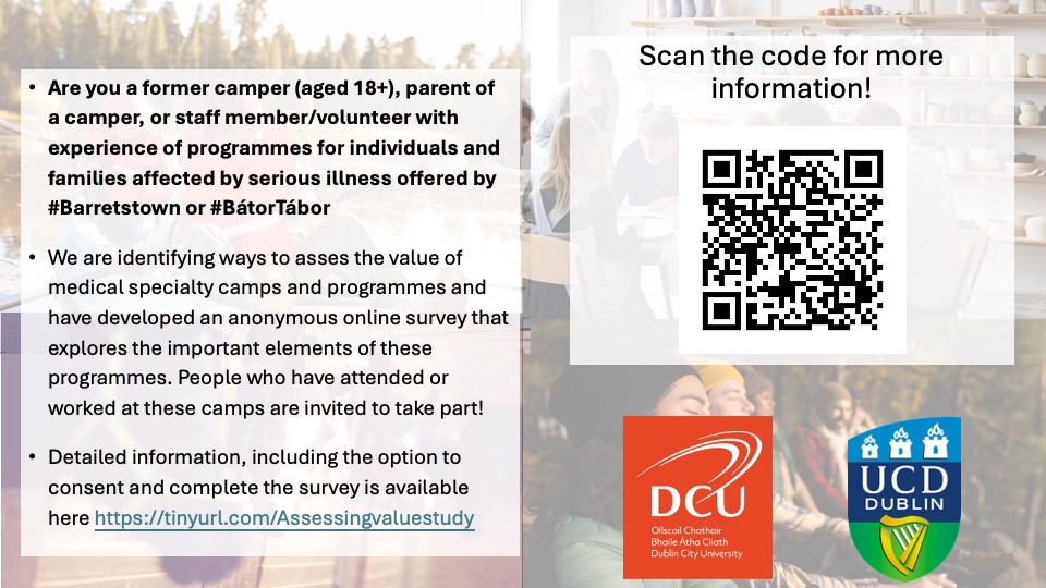 Suzie Guerin (@suzie_guerin) on Twitter photo Calling former campers (18+), parents of campers, or staff/volunteers with experience at <a href="/Barretstown/">Barretstown</a>!
Our anonymous online survey explores the important elements of camp programmes.
You are invited to take part! For more information, see attached/visit tinyurl.com/Assessingvalue… Calling former campers (18+), parents of campers, or staff/volunteers with experience at <a href="/Barretstown/">Barretstown</a>!
Our anonymous online survey explores the important elements of camp programmes.
You are invited to take part! For more information, see attached/visit tinyurl.com/Assessingvalue…