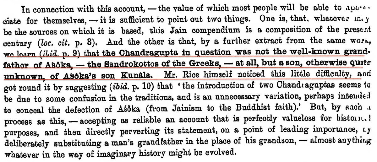 MumukshuSavitri's tweet photo. Thank you. I've been waiting to bust this myth for a long time. There is ZERO, I repeat zero proof of Chandragupta Maurya ever having renounced his throne to become a Jain monk.
The entire fictional story was based on a misinterpretation of the 7th c. inscription at Śravana Belagola by B. Lewis Rice (Director of Archaeology, Mysore) in 1889. The inscription describes Jain monk Bhadrabāhu travelling to South India with his disciple, an acharya named Prabhachandra and dying there. Rice claimed that this Prabhachandra was the converted name of Chandragupta Maurya. But in reality Rice did not realize that the inscription was referring to a later Bhadrabāhu, who came from Ujjain and went to Śravana Belagola, with his disciple Prabhachandra who committed sallekhanā (ritual suicide) after his master. As historian John F. Fleet pointed out in the Indian Antiquary Vol. XXI (1892), the Bhadrabahu being referred to in the inscription was not from Chandragupta Maurya's court & Prabhachandra was NOT Chandragupta Maurya. Some Jain Digambaras say Prabhachandra may be referring to Samprati Maurya who was the grandson of Ashoka.
Regardless, it is established that Chandragupta Maurya is NOT the Prabhachandra mentioned in the Jain inscription at Śravana Belagola. Therefore there is ZERO proof that Chandragupta Maurya left his throne to convert to Jainism or died by Jain ritual suicide.