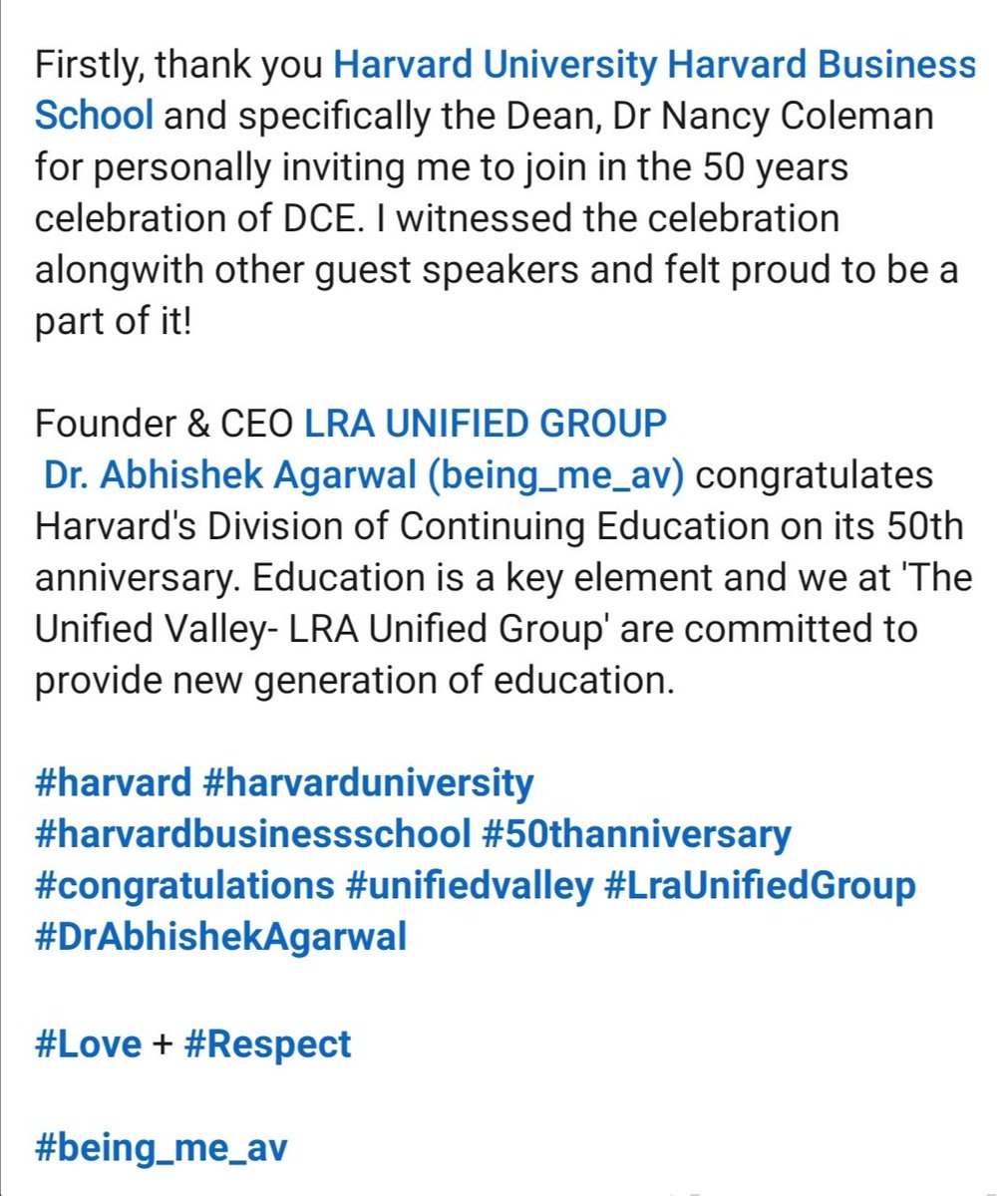 being_me_av's tweet image. #AVlog 321

Thank you @Harvard
@HarvardHBS &amp;amp; the Dean,Dr Nancy Coleman for personally inviting me to join in the 50 years celebration of DCE. I witnessed the celebration alongwith other guest speakers &amp;amp; felt proud to be a part of it! #unifiedvalley #DrAbhishekAgarwal
#being_me_av
