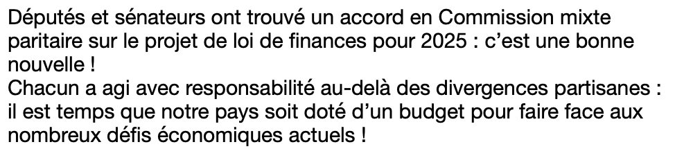 UC_Senat's tweet image. #CMP #PLF2025 

✅ Les parlementaires ont trouvé un accord en commission mixte paritaire sur le projet de loi de finances pour 2025.

Réaction du président @HerveMarseille et des sénateurs centristes ⤵️