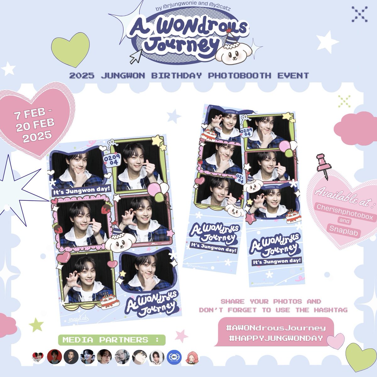 rjungwonie's tweet photo. 𝗔 𝗪♡𝗡𝗱𝗿𝗼𝘂𝘀 𝗝𝗼𝘂𝗿𝗻𝗲𝘆 .ᐟ 

#JUNGWON Birthday Photobooth event
by @rjungwonie &amp; @y2catz 𝜗𝜚˚⋆ 

🗓 7 – 20 February 2025
📍Available at Snaplab and Cherishphotobox 

Share your photos and don't forget to tag us by using #aWONdrousjourney ⪩. .⪨ https://t.co/yXLpIW5nkO