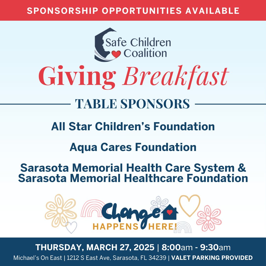 Announcing our Giving Breakfast Table Sponsors: All Star Children’s Foundation, Aqua Cares Foundation, and Michele &amp; Caleb Grimes. Join us at our 3rd Annual Giving Breakfast on March 27! sccfl.org/giving-breakfa…