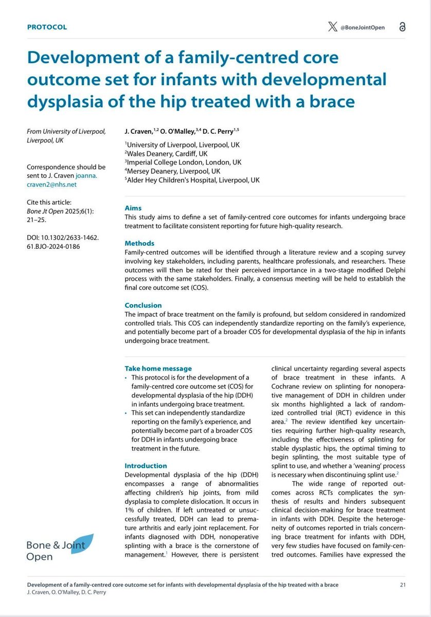 A new study from @Joanna_craven exploring what is important to families treated in a brace for DDH. 

Moving closer to DDH trials - treatment &amp; screening.

boneandjoint.org.uk/Article/10.130…

#HipDysplasia #DDH <a href="/STEPS_Charity/">Steps Charity Worldwide</a>
<a href="/BoneJointOpen/">Bone & Joint Open</a>