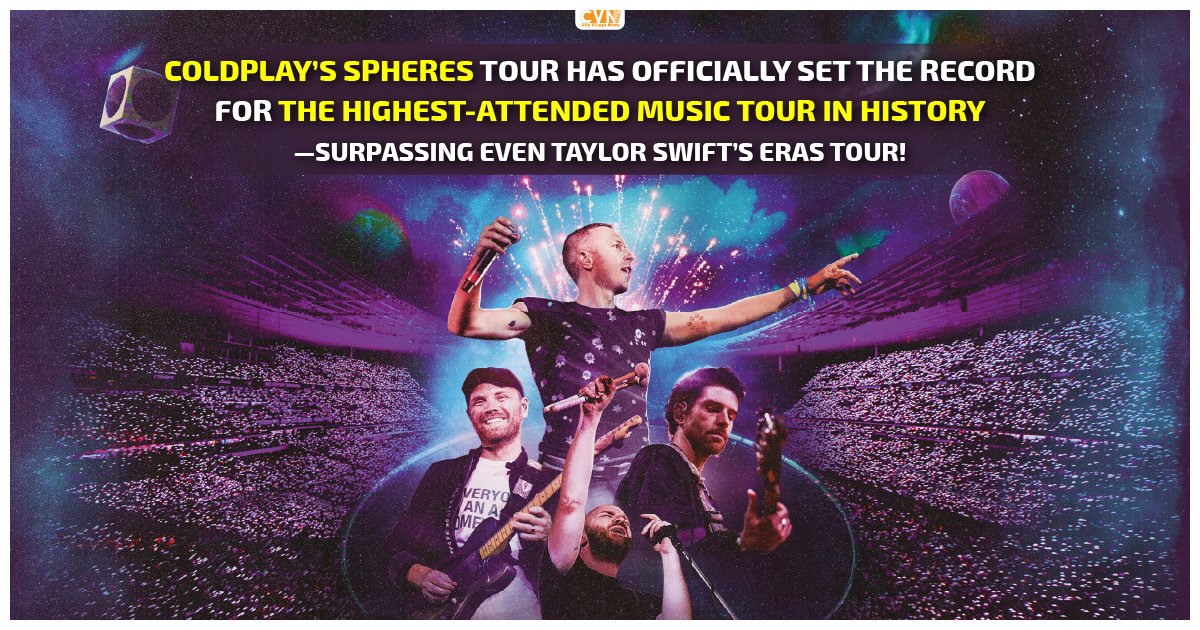 CityVillageNews's tweet photo. Coldplay’s Music of the #SpheresTour has officially broken records, becoming the highest-attended music tour in history—surpassing even #TaylorSwift’s #ErasTour!

With millions of fans across the globe, this milestone cements #Coldplay’s legendary status in the music world. https://t.co/1J9pyBrVZZ