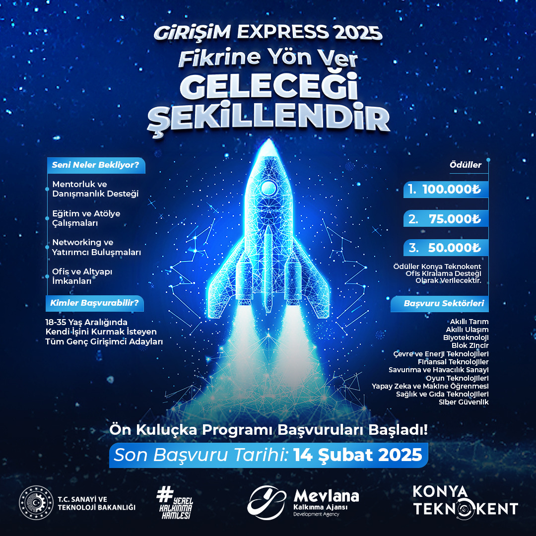 🚀GİRİŞİM EXPRESS 2025🚀
Girişimcilik yolculuğunda sen de yerini al, büyük ödülleri kazan! 💡

🏆 Birincilik: 100.000 TL
🥈 İkincilik: 75.000 TL
🥉 Üçüncülük: 50.000 TL

📅 Son Başvuru: 14 Şubat 2025
📝 Şimdi Başvur: forms.gle/wTFAfeHSN7mxQc…