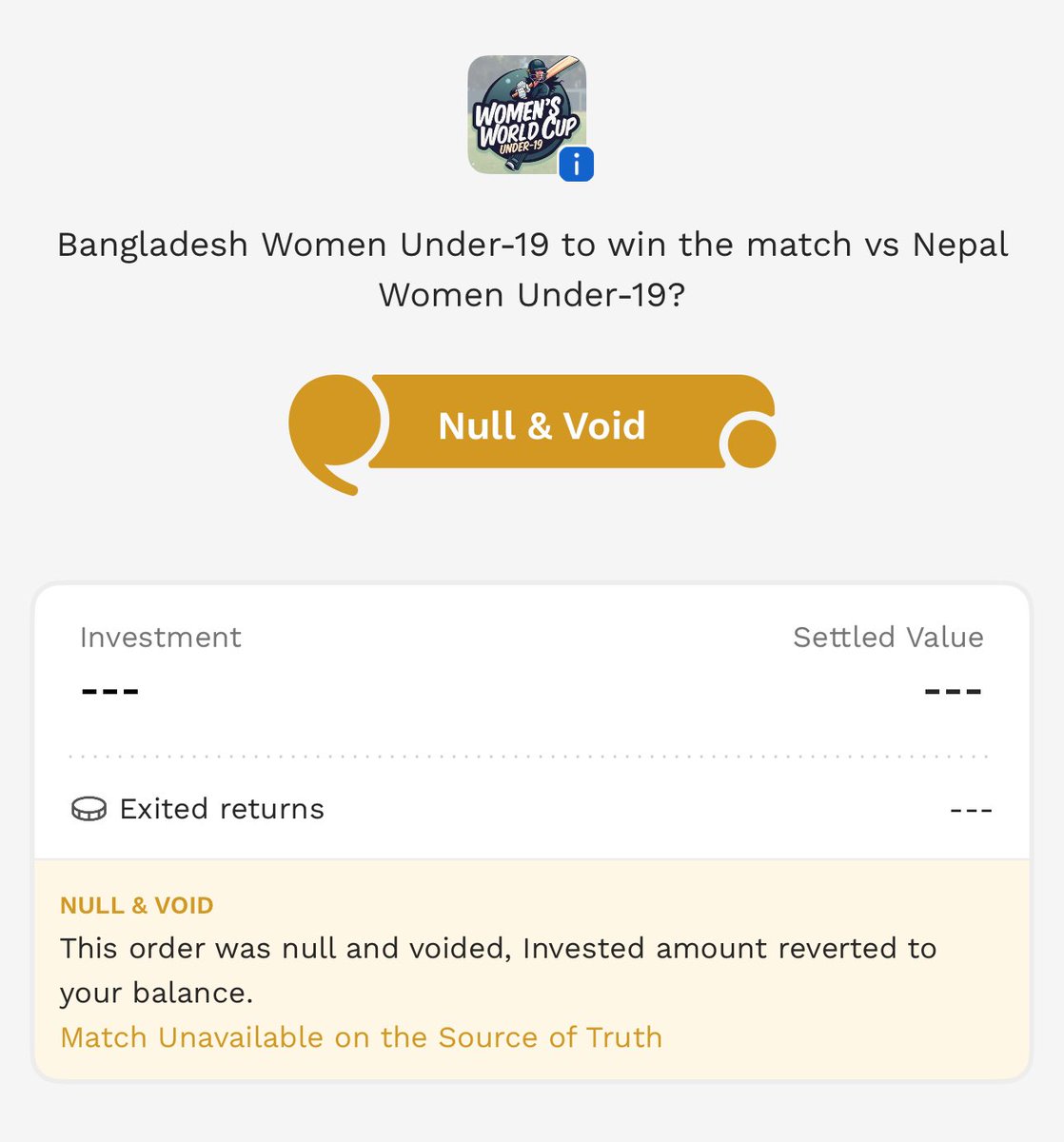 sathishkumarRKO's tweet image. Why Probo cheating users with unfair settlement’s what is going on ! Why making events live and after match completion making event null or void ? Who is doing this ? Why punishing users with this stupid settlements! All other platforms settling this event as per the match result