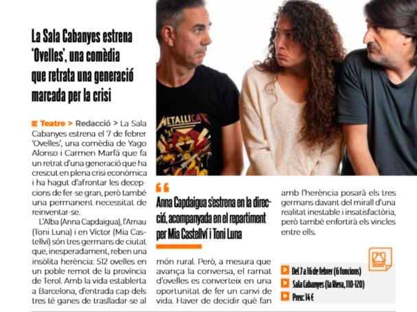 salacabanyes's tweet photo. 📰 La revista @Capgros es fa ressò en el número de febrer de l'estrena d'"Ovelles"

🎭 A partir del 7 de febrer, vine a gaudir del primer muntatge d'aquest 2025 a la Saleta

🎟 No et quedis sense entrades 👇 
https://t.co/GGVYlBOpCI

#Ovelles_Sala https://t.co/QW4Y96BxCm
