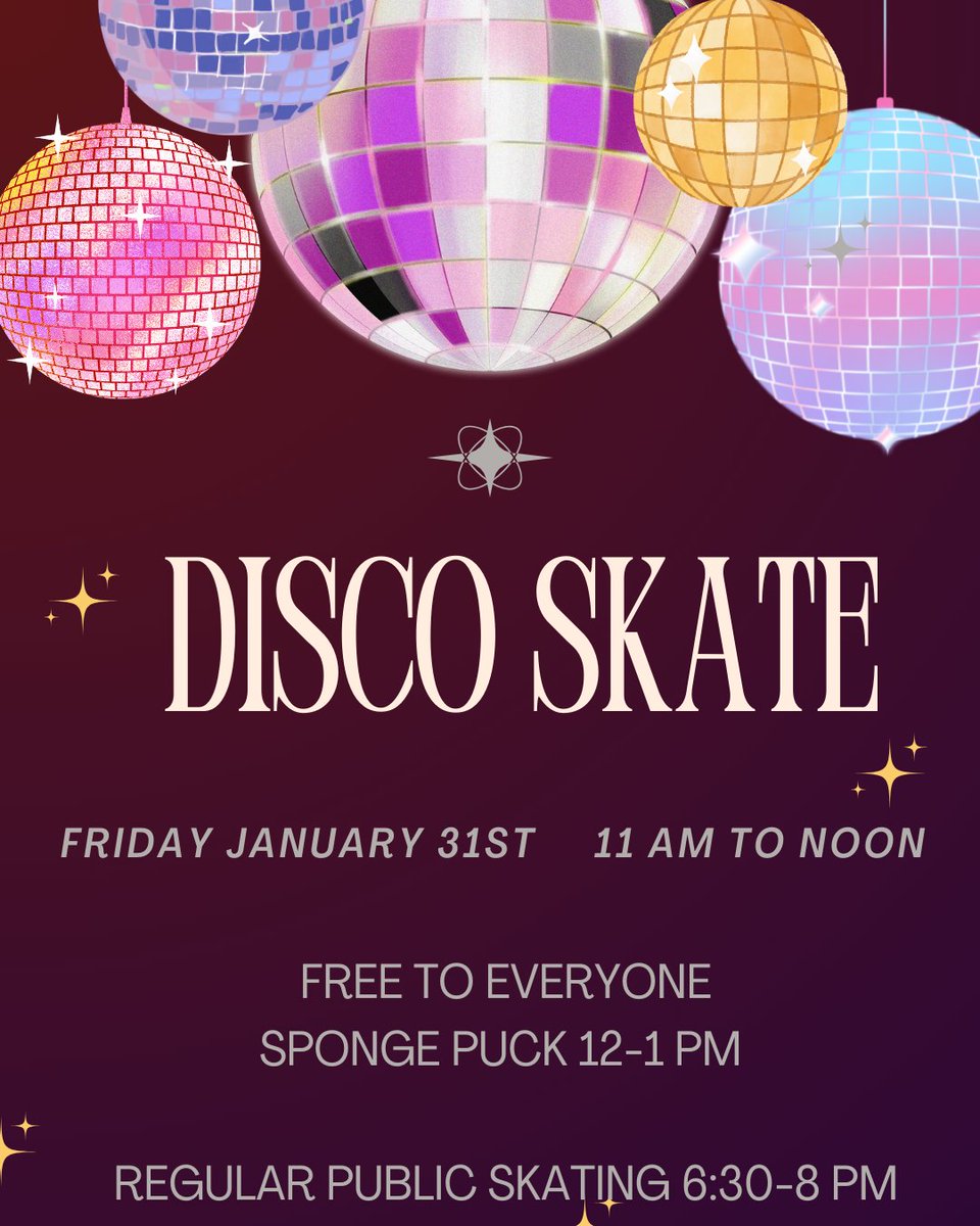 Assiginacktwp's tweet photo. The Township can't wait to have a Disco Skate on Friday January 31st from 11 am-12 pm. 
Free to everyone!  Thanks Ben Lentir!

Followed by sponge puck 12-1 pm
Regular public skating 6:30-8 pm. https://t.co/LBXxP5hnI9