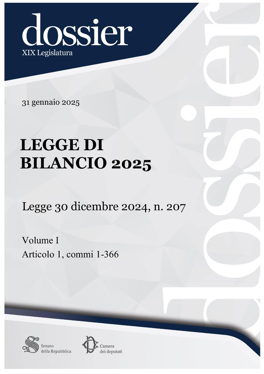 Dossier "LEGGE DI BILANCIO 2025 - Legge 30 dicembre 2024, n. 207"

Vol. I Art. 1, co. 1-366 senato.it/service/PDF/PD…
Vol. II Art. 1, co. 367-703 senato.it/service/PDF/PD…
Vol. III Art. 1, co. 704-Articolo 21 senato.it/service/PDF/PD…
Vol. IV Stati di previsione senato.it/service/PDF/PD…