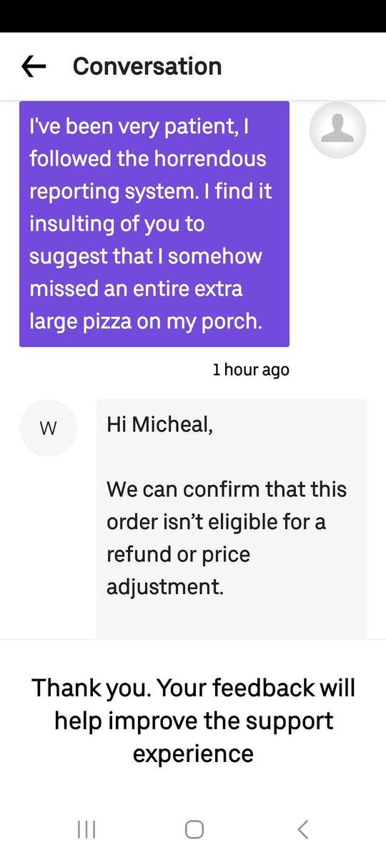 ComingsJace's tweet photo. @Uber_Support I’m tweeting on behalf of my friend who doesn’t have a twitter. He ordered a pizza and chicken tenders and it was never delivered. The delivery person marked it as delivered but it’s nowhere to be found, and when he reported this in the app, he was refused a refund https://t.co/PoeBQ1KJdP