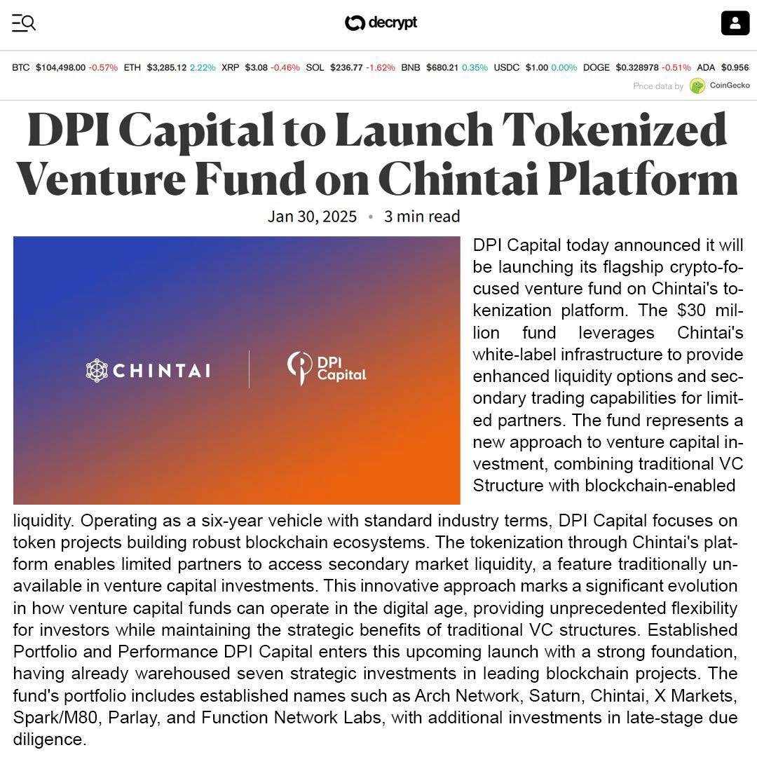I’m excited to share that DPI Capital has chosen Chintai to launch their $30 million crypto-focused venture fund - an important milestone in redefining how venture investments are structured and executed in the digital era, powered by $CHEX.

For decades, venture capital has been