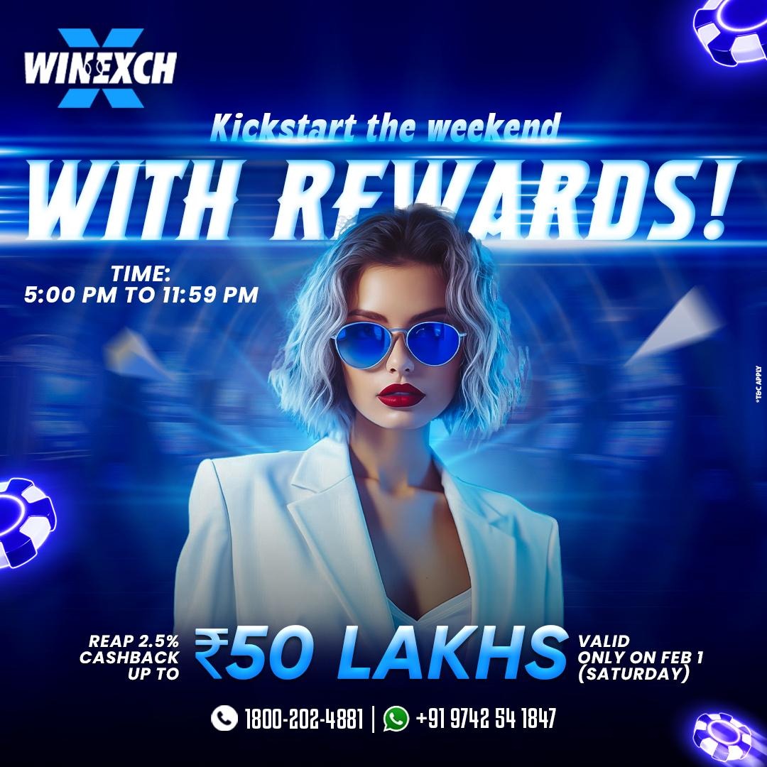 winexch's tweet image. Weekend rewards are here! 🎉 Get 2.5% cashback up to ₹50 Lakhs on Feb 1st (Saturday) from 5 PM to 11:59 PM. Play now! #WeekendRewards #CashbackOffer