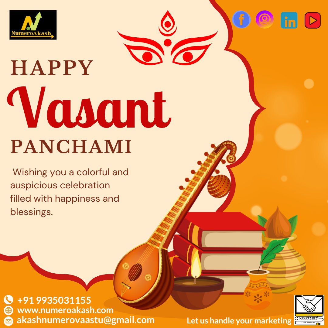 Numeroakash's tweet photo. 🌼📖 Happy Vasant Panchami 📖🌼

On this sacred day, may Goddess Saraswati bless you with wisdom, creativity, and prosperity.

📞 Contact Us: +91 9935031155
🌍 Website: https://t.co/6HUOSxI494
📧 Email: akashnumerovaastu@gmail.com

#Spirituality #SpringFestival #Numerology https://t.co/b0ODteJmwo